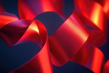 Poster - Close-up view of a bright red ribbon against a dark black background