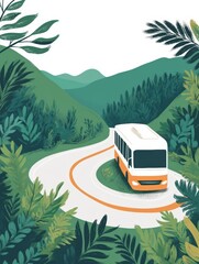 Poster - Winding road journey on a tour bus through lush greenery in a vibrant natural landscape. Generative AI