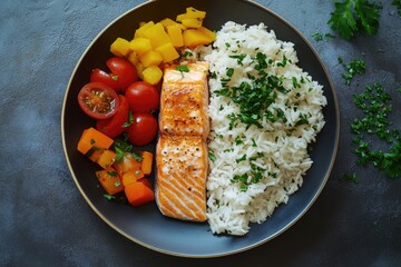 Poster - A plate of cooked salmon served with steamed rice and mixed vegetables