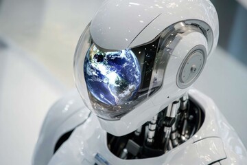 Poster - Close-up view of a robot's head with a distant planet visible in the background, suitable for sci-fi or futuristic themed projects