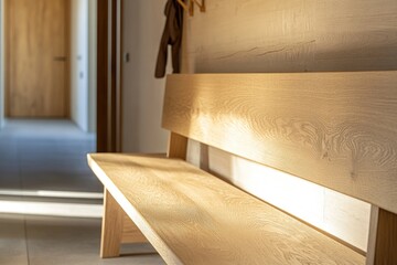 Poster - A wooden bench sits in a hallway next to a door, perfect for use as a waiting area or entrance piece