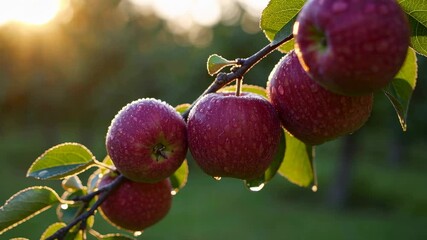 Aufkleber - Ripe red apples glistening with morning dew hanging from orchard branch, bathed in golden sunrise light, capturing agricultural beauty in slow motion detail