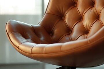 Poster - A brown leather chair placed in front of a window with natural light and possible view