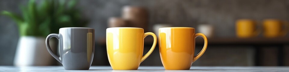 Wall Mural - Three ceramic coffee mugs placed side by side on a table, ready for use