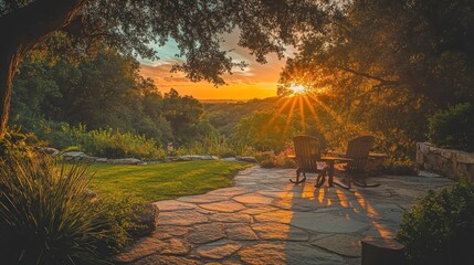 Canvas Print - Serene Sunset Vista: Two Rocking Chairs on a Stone Patio Overlooking a Picturesque Landscape