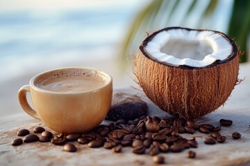 Aufkleber - A cup of coffee sits next to a coconut and coffee beans on a table