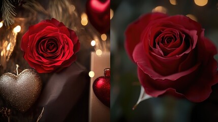 Poster - A close-up shot of a red rose paired with a golden heart, perfect for romantic occasions or symbolic expressions