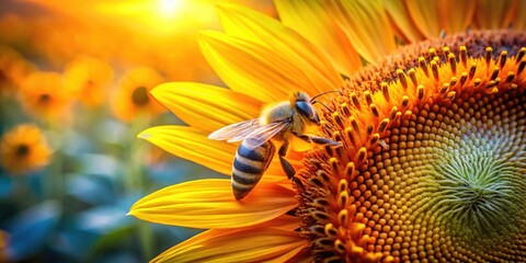 Wall Mural - Tilt-shift photography transforms a close-up bee on a sunflower into a captivating miniature scene.