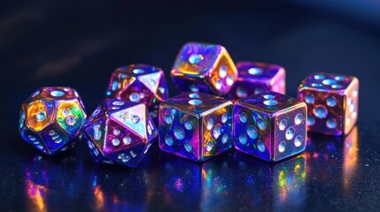 Poster - A bunch of dice sit on top of a wooden table, ready for a game