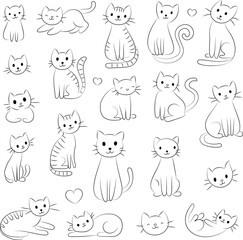  Cute Hand Drawn Doodle Cats Funny Kittens Collection - Simple funny cute doodle cats, line outline icons set in different poses and unusual interpretation vector illustration isolated on white.