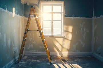 Poster - A ladder leaned against a wall in a room, providing access and storage