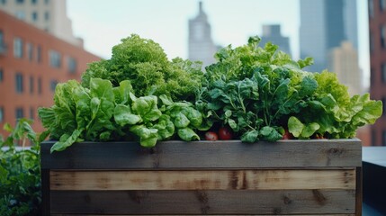 Poster - A wooden planter filled with fresh lettuce and tomatoes, ideal for kitchen or outdoor decoration