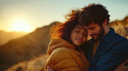 Poster - A romantic moment between two people, embracing each other in a green field