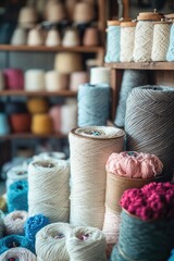 Poster - A collection of yarn spools on a shelf, ideal for craft or sewing projects