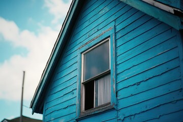 Poster - A blue house with a window against a bright sky