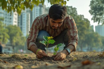Aufkleber - A person kneels down to plant a plant in the soil, with a focus on the action of gardening