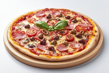 Wall Mural - Freshly baked pizza sits on a rustic wooden cutting board, ready for serving