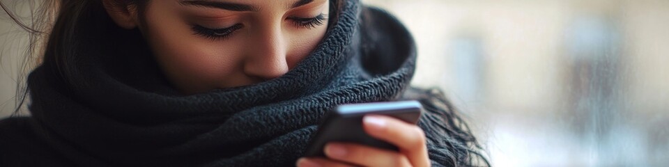 Wall Mural - A woman looks at her cell phone while wearing a scarf