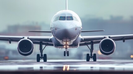 Poster - A large commercial jetliner parked on an airport runway, ready for takeoff or landing