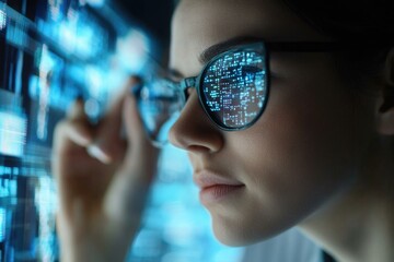 Aufkleber - a woman sits with her glasses on, focused on the computer screen