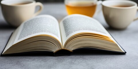 Poster - An open book sits on a table beside two cups of coffee, perfect for studying or reading