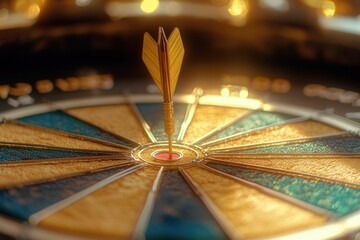 Poster - A detailed view of a dart lodged in the center of a target, often used for archery or darts games