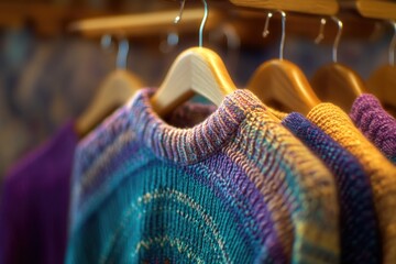 Aufkleber - A collection of sweaters displayed on a clothing rack, ideal for fashion or lifestyle photography