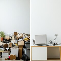 Leinwandbilder - Split view showcasing contrasting interior spaces with cluttered chaos against a clean, organized environment. Generative AI