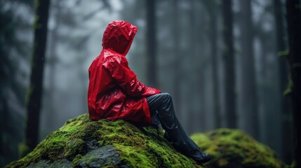 Aufkleber - a person sits on a moss-covered rock in a serene forest environment