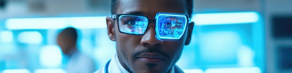 Poster - A person in a lab coat and glasses examines something on camera