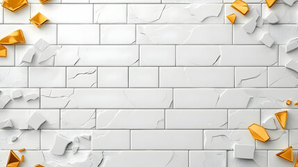 Poster - Cracked White Tile Wall with Golden Geometric Shapes Accents