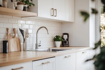 Aufkleber - A modern kitchen interior featuring white cabinets and a wooden countertop