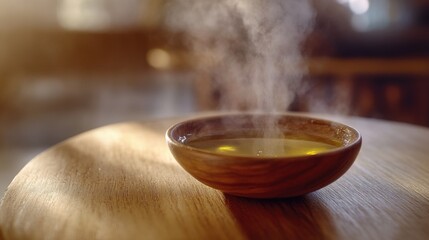 Poster - A warm and inviting scene with a bowl of hot tea sitting on a table, perfect for use in everyday life or as a prop in storytelling