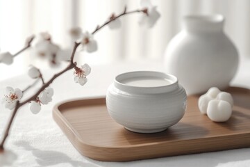 Aufkleber - A simple yet elegant arrangement featuring a white vase sitting on a wooden tray, perfect for adding a touch of natural beauty to any room