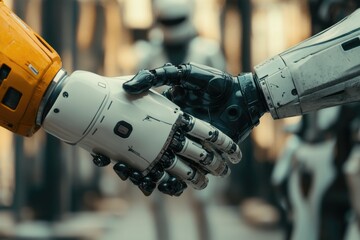 Poster - A person extends their hand to shake with a robot in a close-up shot
