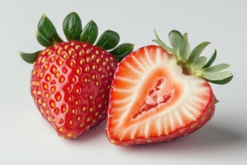 Poster - Fresh strawberries cut in half on a white background