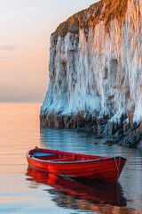 Aufkleber - A small red boat sits peacefully on the surface of a calm body of water