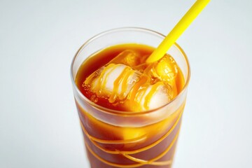 Poster - A refreshing glass of iced tea served with a yellow straw, perfect for hot summer days