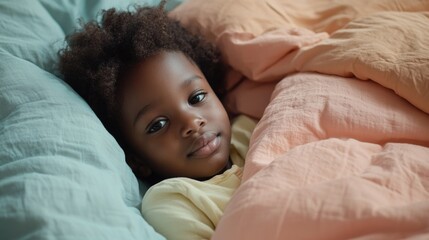 Aufkleber - A young girl is lying in a bed surrounded by pink sheets