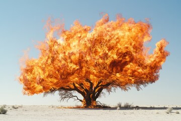 A solitary tree stands tall in the middle of a vast desert, surrounded by sand and nothing else