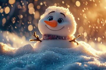 Poster - A close-up view of a snowman standing in the snow, with details on its face and body