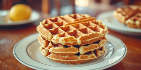 Poster - A stack of crispy waffles served on a clean white plate