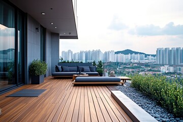 Poster - A wooden deck with a couch and a coffee table