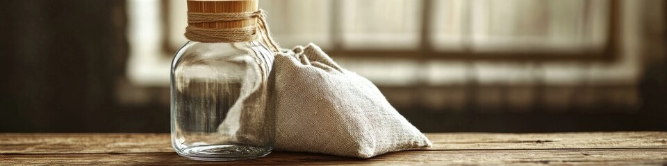 Wall Mural - A simple still life setup featuring a glass bottle and linen bag on a wooden table