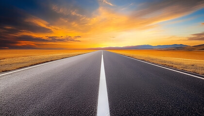 Poster - Endless highway during vibrant sunset with dramatic clouds over vast landscape