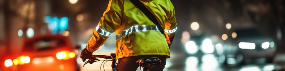 Poster - A person cycling on a city street under evening lights, potential for urban adventure or transportation scene
