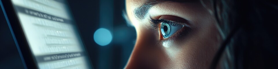 Poster - close-up of a person's eye gazing at a computer screen, suitable for illustrations about technology 