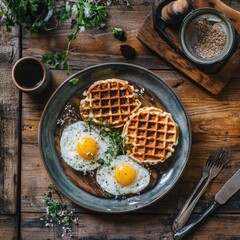 Poster - Breakfast or brunch setup featuring waffles and scrambled eggs on a rustic wooden table