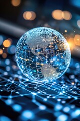 Poster - A glass globe sitting on top of a computer keyboard, perfect for technology and innovation themed projects