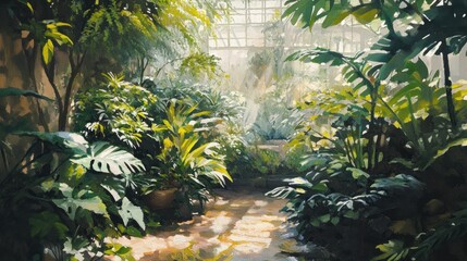 Wall Mural - Serene Greenhouse Oasis: A Tranquil Escape into Lush Greenery